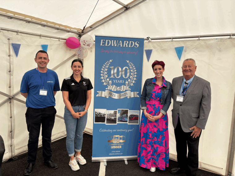 Simon Ingham, Mike Edwards, Connie Fisher & Suzy Drane photographed by an Edwards pop up banner